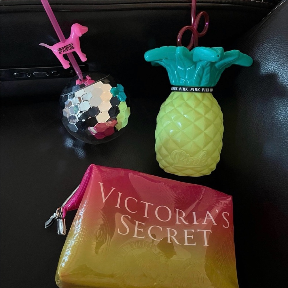 Victoria's Secret Pink Pineapple and Disco Ball water bottle & travel case